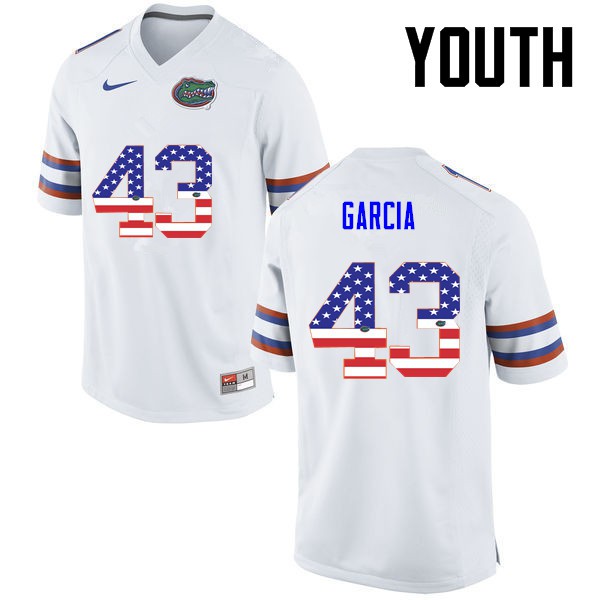 Florida Gators Youth #43 Cristian Garcia College Football USA Flag Fashion White